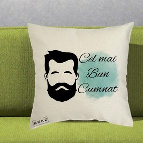 Cadou pentru Cumnat - Perna Personalizata Cel mai Bun Cumnat cu Portret Barbat si Pete Teal, 40x40 cm, Ecru, Husa Detasabila, Perna Inclusa, BEKZ®