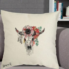 Perna Decorativa Craniu Boho Floral, 40x40 cm, Ecru, Husa Detasabila, Perna Inclusa, BEKZ®