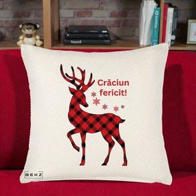 Perna Decorativa Ren Tartan Craciun Fericit, 40x40 cm, Crem Reliefat, Husa Detasabila, Perna Inclusa, BEKZ®