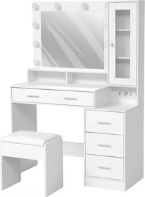 Set EVELINE – Masă de Toaletă pentru Machiaj, Oglindă Becuri LED, Iluminare reglabilă, Dulap lateral cu ușă, 5 sertare, 2 prize + 2 USB, Scaun, Alb
