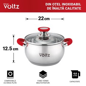 Oala Oliver Voltz OV51210N22, 22 cm, 4,6 l, Inductie, Manere silicon rosii, Inox/Roşu