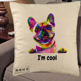 Perna Personalizata Bulldog Francez I'm Cool, 40x40 cm, Bej, Husa Detasabila, Perna Inclusa, BEKZ®
