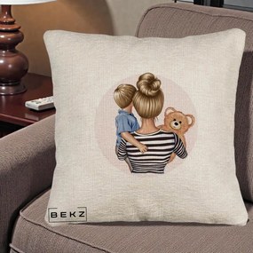 Cadou pentru Mama - Perna Personalizata Mama si Baietelul cu Ursulet, 40x40 cm, Bej Canapea, Husa Detasabila, Perna Inclusa, BEKZ®