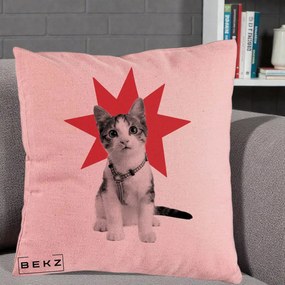 Perna Decorativa Pisica Star Pop Art, 40x40 cm, Roz, Husa Detasabila, Perna Inclusa, BEKZ®