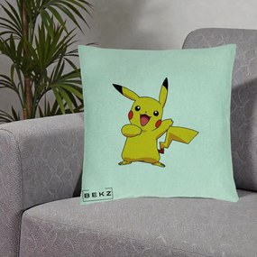 Perna Personalizata Pikachu Fericit, 40x40 cm, Verde Menta, Husa Detasabila, Perna Inclusa, BEKZ®
