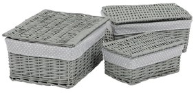 Set de coșuri de răchită cu capac Buline gri,3 buc., 3 dimensiuni, 49 x 22 x 35 cm