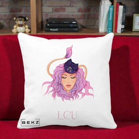 Perna Personalizata Zodie Leu, 40x40 cm, Alba Mata, Husa Detasabila, Perna Inclusa, BEKZ®
