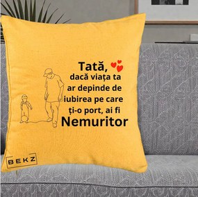 Cadou pentru Tata - Perna Personalizata Tata Nemuritor Joaca cu Mingea, 40x40 cm, Galben, Husa Detasabila, Perna Inclusa, BEKZ®