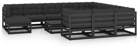 Set mobilier de gradina cu perne12 piese, negru, lemn masiv pin Negru, 1, Da