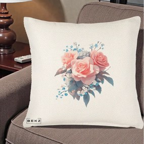 Perna Decorativa Trandafiri Roz cu Floricele Albastre, 40x40 cm, Crem Reliefat, Husa Detasabila, Perna Inclusa, BEKZ®