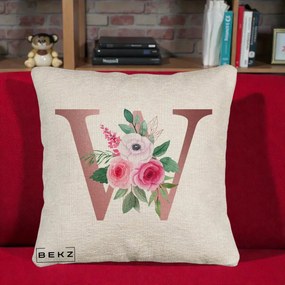 Cadou Personalizat - Perna Personalizata Monograma Rose Gold Litera W cu Trandafiri si Anemona, 40x40 cm, Bej Canapea, Husa Detasabila, Perna Inclusa, BEKZ®