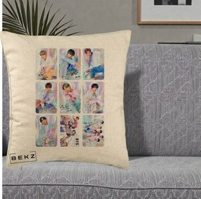 Perna Personalizata K-pop BTS Colaj 9 Fotografii Autografe Individual, 40x40 cm, Bej, Husa Detasabila, Perna Inclusa, BEKZ®