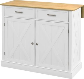 HOMCOM Insulă de bucătărie Cărucior de bucătărie cu blat pliabil din lemn 2 uși 2 sertare raft reglabil și 4 roți 105x60x90,5 cm Alb | Aosom Romania