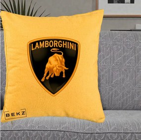 Perna Personalizata cu emblema Lamborghini, 40x40 cm, Galben, Husa Detasabila, Perna Inclusa, BEKZ®