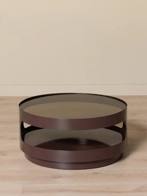 Măsuță de cafea din sticlă și metal, rotundă, cu structură cilindrică și decupaje laterale, maro antichizat, finisaj mat, 70×32 cm, „Onyru"