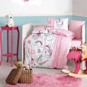 Lenjerie de pat pentru copii Cotton Box 129CTN3020, 4 piese, Bumbac Ranforce, Plic 100x150, Cearsaf 120x150, 2 fete de perna, Roz