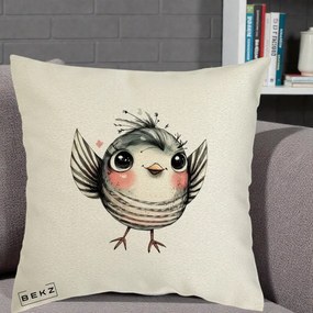 Perna Decorativa Pasare Gri cu Aripi si Inimioare, 40x40 cm, Ecru, Husa Detasabila, Perna Inclusa, BEKZ®