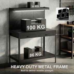 HOMCOM Banc de lucru 110 cm cu panou perforat, banc robust cu șină de prize și iluminare LED, Negru | Aosom Romania