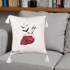 Perna Decorativa Halloween Craniu-Sticla cu Lilieci, 40x40 cm, Bej cu Franjuri, Husa Detasabila, Perna Inclusa, BEKZ®