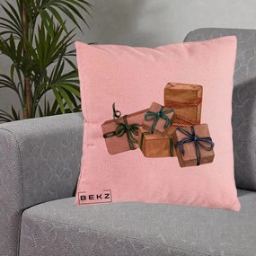 Perna Decorativa Cadouri de Craciun Kraft, 40x40 cm, Roz, Husa Detasabila, Perna Inclusa, BEKZ®