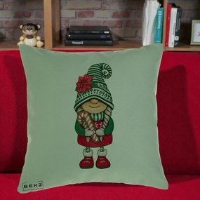 Perna Decorativa Gnom Craciun Verde cu Bomboane si Floare, 40x40 cm, Verde, Husa Detasabila, Perna Inclusa, BEKZ®