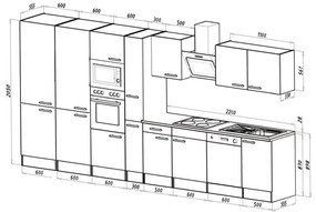 Mobilă de bucătărie Yorki 430, corp din stejar Yorki, față alb satinat, frigider cu congelator în partea de jos