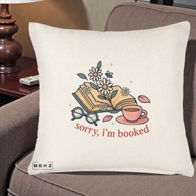 Perna Personalizata Sorry I'm Booked Carti Flori, 40x40 cm, Crem Reliefat, Husa Detasabila, Perna Inclusa, BEKZ®