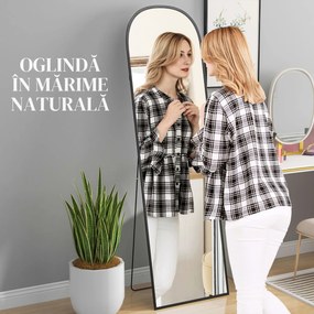 HOMCOM Oglindă de Podea și Perete Modernă din Aliaj de Aluminiu cu Suport Pliabil, 50x170 cm, Neagră | Aosom Romania