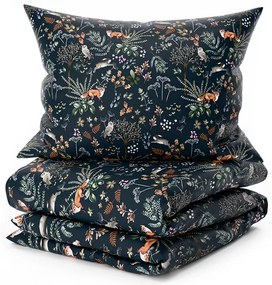 Set 2 buc Lenjerie cocolino THE FOX AND THE HARE verde inchis + cearsaf Cocolino microplus cu elastic SOFT 180x200 cm alb, pat dublu