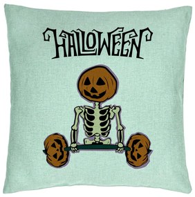 Perna Decorativa cu motiv Sechelet de Halloween 2, 40x40 cm, Verde Menta, Husa Detasabila, Burduf