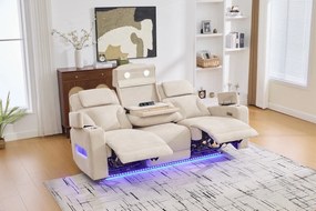 Canapea 3 locuri cu 2 reclinere electrice, masuta, USB-C, suport pahare, lumini de citire, lumini LED, Torven 216x96cm
