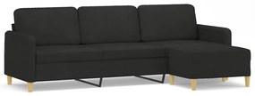 Canapea cu 3 locuri si taburet, negru, 210 cm, textil Negru, 228  x 77 x 80 cm