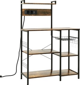 HOMCOM Raft de Bucatarie cu Prize Mutiple, Dulap Bucatarie pentru Microunde cu Rafturi si Cos din Sarma Stil Industrial, 90x42x130cm, Maro