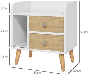 HOMCOM Noptieră cu 2 sertare mari, 1 raft deschis și picioare înalte din pin, design nordic, 43x30x49 cm | Aosom Romania