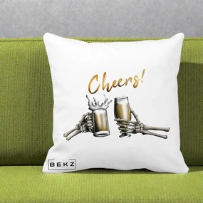 Perna Decorativa Halloween Cheers Schelete cu Bere, 40x40 cm, Alba Mata, Husa Detasabila, Perna Inclusa, BEKZ®