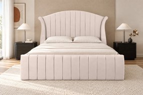 Pat tapițat din catifea Sorella Simple Line 160×200 cm, crem, cu ladă de depozitare