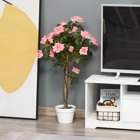Outsunny Plantă Artificială de Trandafiri cu 21 de Flori, Ghiveci Umplut cu Ciment și Mușchi, Ø18x90 cm, Roz | Aosom Romania
