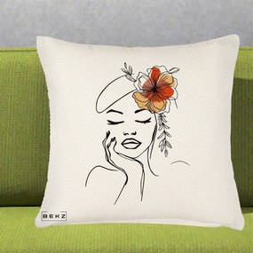 Perna Decorativa Portret Feminin Flori Palarie, 40x40 cm, Crem Reliefat, Husa Detasabila, Perna Inclusa, BEKZ®