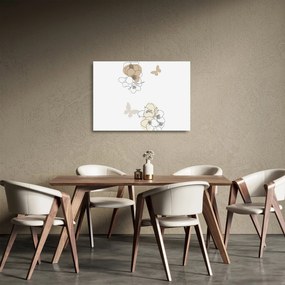 Tablou pe sticlă - Flori bej cu fluture N⁰2 (70x50 cm)