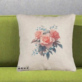 Perna Decorativa Trandafiri Roz cu Floricele Albastre, 40x40 cm, Bej Canapea, Husa Detasabila, Perna Inclusa, BEKZ®