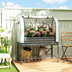 Outsunny Bazin de grădină pe picioare din metal cu seră, jardiniere ridicată cu căptușeală și poliță inferioară, Gri închis | Aosom Romania