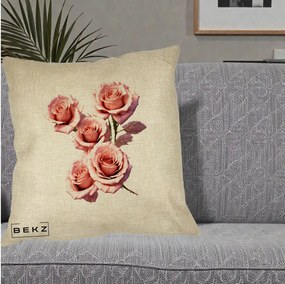 Perna Decorativa Trandafiri Roz Pastel Acuarela, 40x40 cm, Crem, Husa Detasabila, Perna Inclusa, BEKZ®
