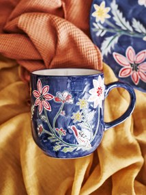 Set 4 căni din ceramică albastră cu păsări și motive florale pictate manual, 455 ml, 9,5×10,5 cm, „Meredith"
