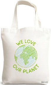 Sacosa de Panza pentru Cumparaturi, Geanta Tote, model We Love Our Planet, 38x34.5 cm, Alba, BEKZ®