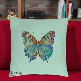 Perna Decorativa Fluture Acuarela Multicolor Portocaliu-Bleu-Mov, 40x40 cm, Verde Menta, Husa Detasabila, Perna Inclusa, BEKZ®