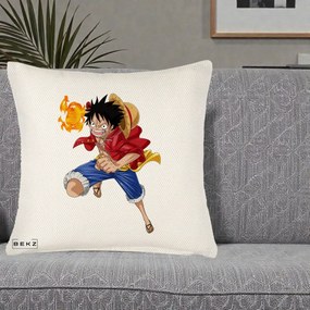 Perna Personalizata One Piece Luffy Gear Second Foc, 40x40 cm, Crem Reliefat, Husa Detasabila, Perna Inclusa, BEKZ®