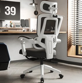 Scaun ergonomic cu suport lombar, tetieră reglabilă 3D, suport pentru picioare, Mesh, Alb/Negru