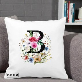 Cadou Personalizat - Perna Personalizata Monogram Litera B cu Flori Acuarela, 40x40 cm, Alba Mata, Husa Detasabila, Perna Inclusa, BEKZ®
