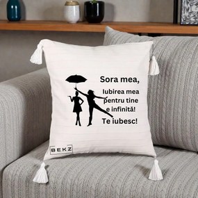 Cadou pentru Sora - Perna Personalizata Sora Mea Te Iubesc Siluete Negre cu Umbrela, 40x40 cm, Bej cu Franjuri, Husa Detasabila, Perna Inclusa, BEKZ®