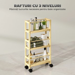 HOMCOM Cărucior de Baie cu 3 Niveluri cu Lamele și Roți 36x15x73 cm Culoare Lemn | Aosom Romania